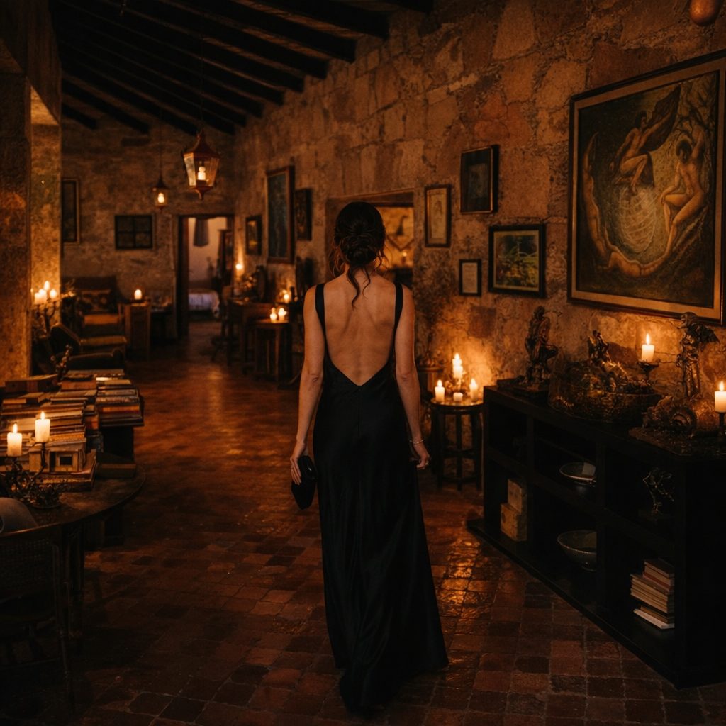 Mujer con vestido negro recorriendo una casona iluminada con velas