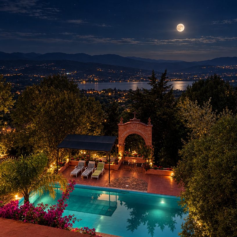 Villa con alberca iluminada bajo la luna